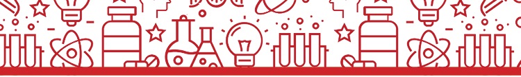 Red and white STEM header graphic with chemistry beakers and tubes